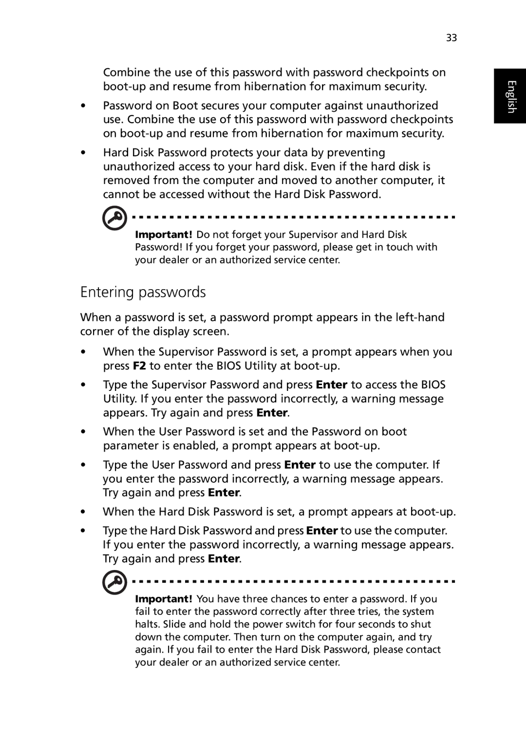 Acer TravelMate 530 manual Entering passwords 