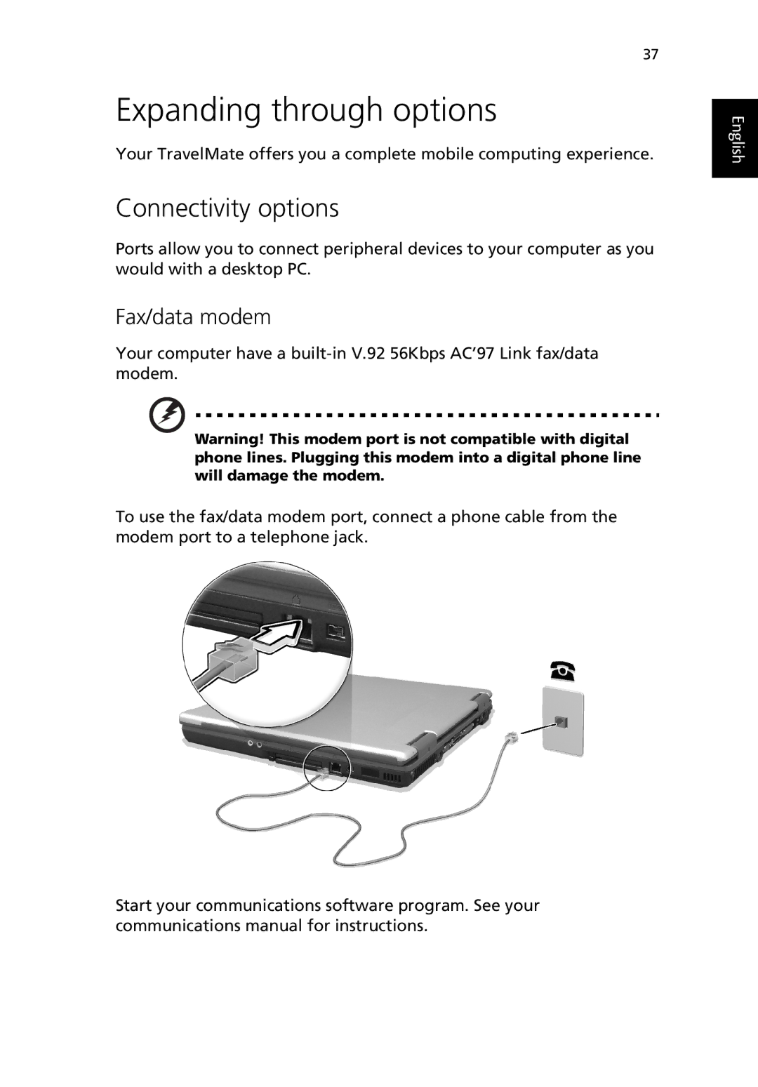 Acer TravelMate 530 manual Expanding through options, Connectivity options, Fax/data modem 