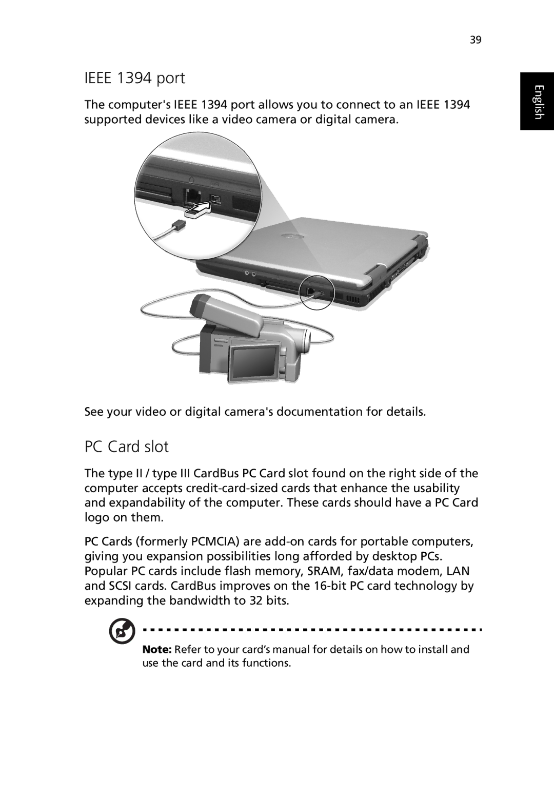 Acer TravelMate 530 manual Ieee 1394 port, PC Card slot 