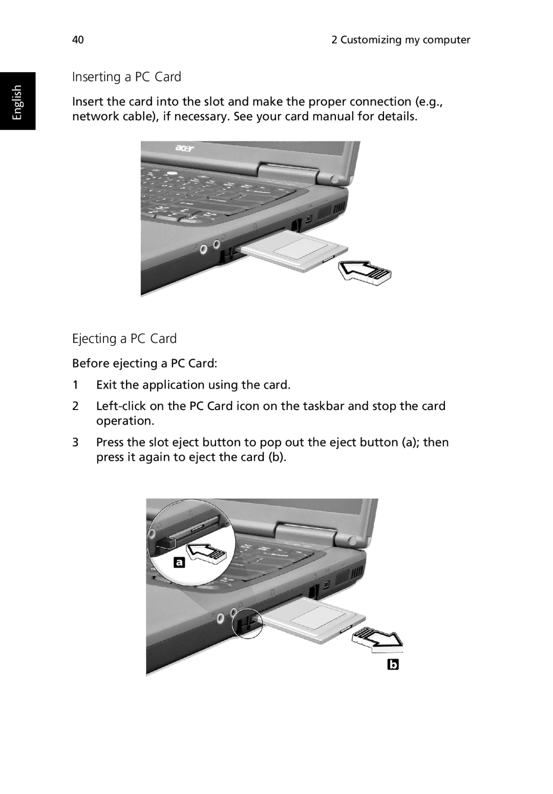 Acer TravelMate 530 manual Inserting a PC Card, Ejecting a PC Card 