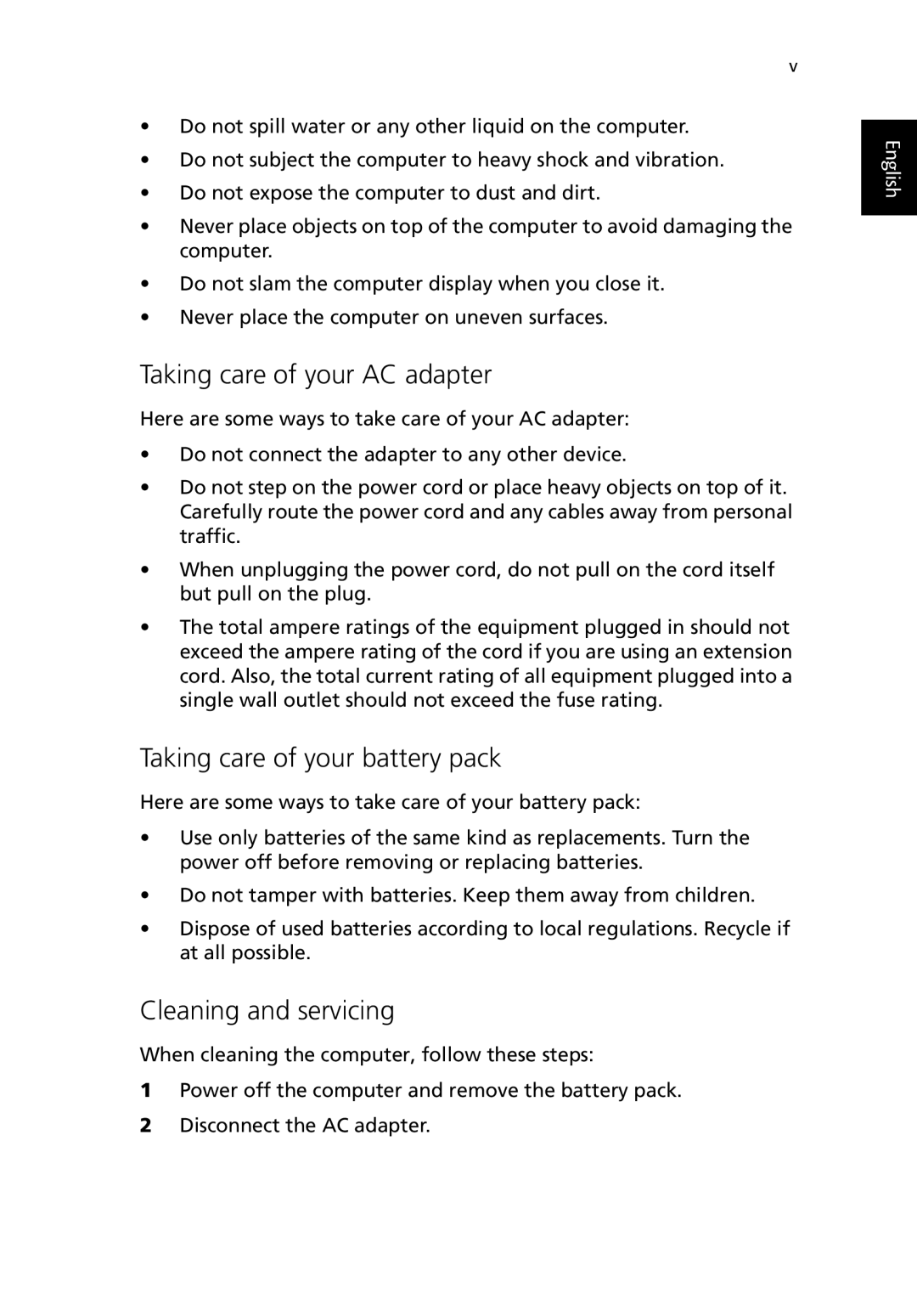 Acer TravelMate 530 manual Taking care of your AC adapter, Taking care of your battery pack, Cleaning and servicing 