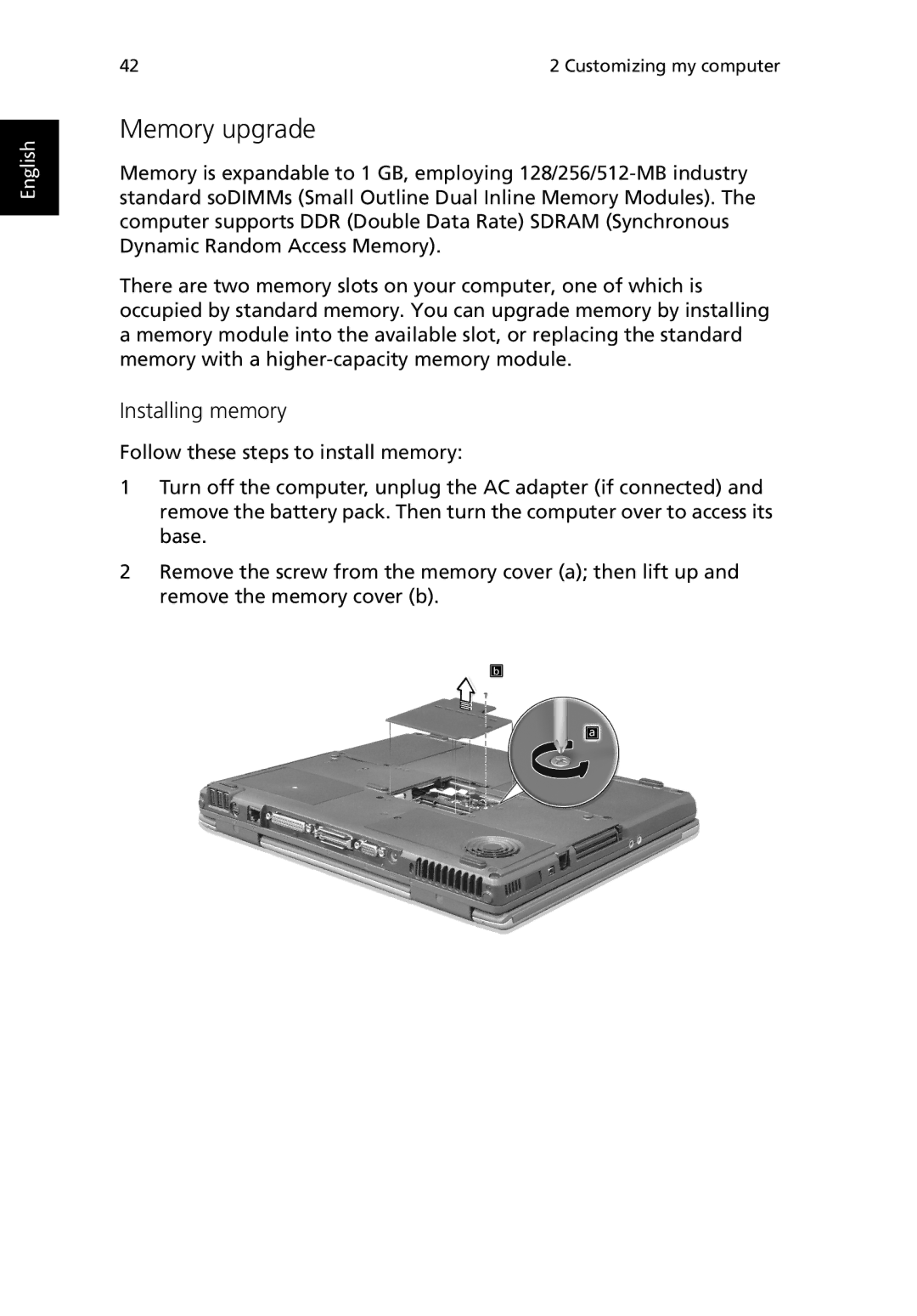 Acer TravelMate 530 manual Memory upgrade, Installing memory 