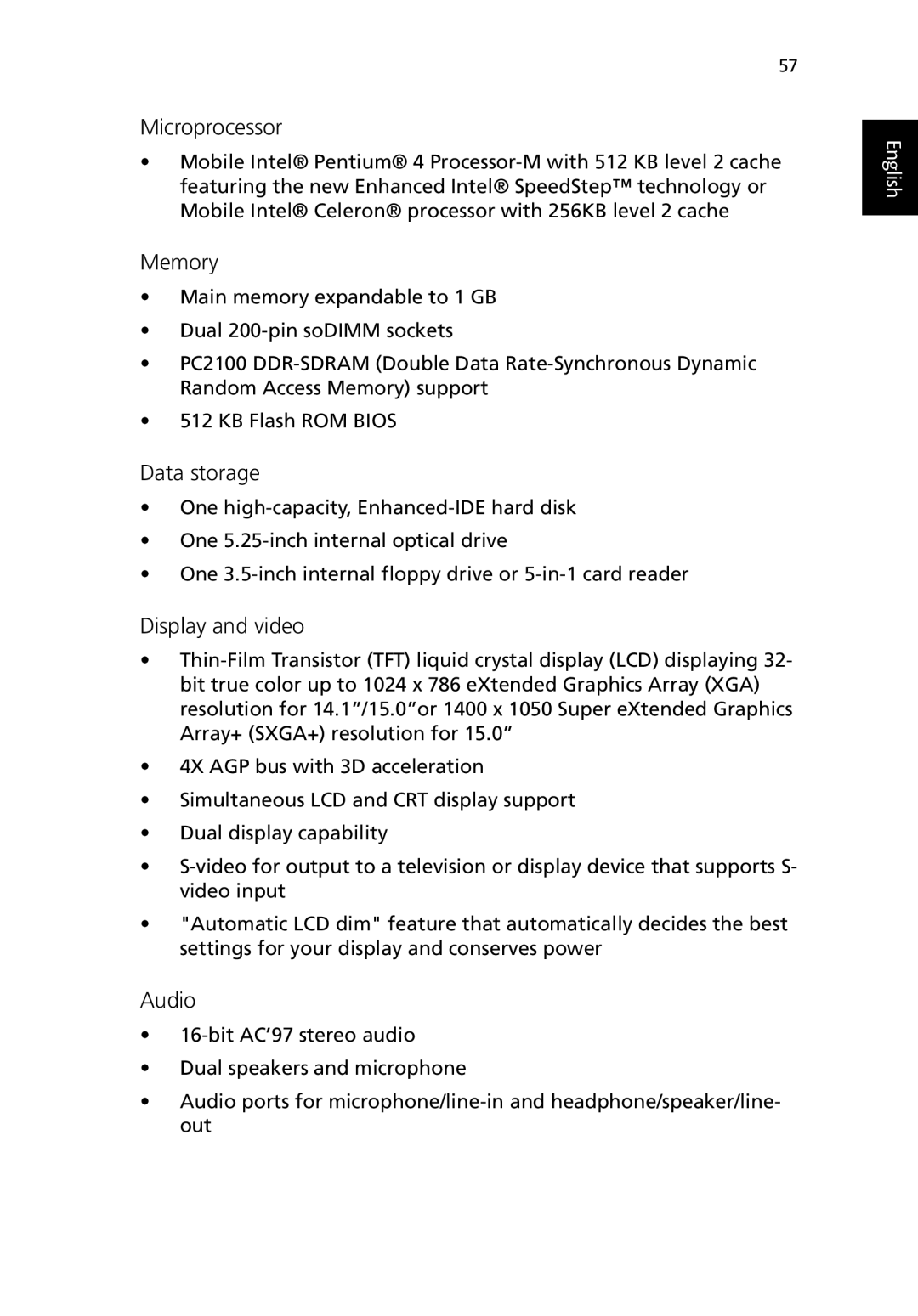 Acer TravelMate 530 manual Microprocessor, Memory, Data storage, Display and video, Audio 