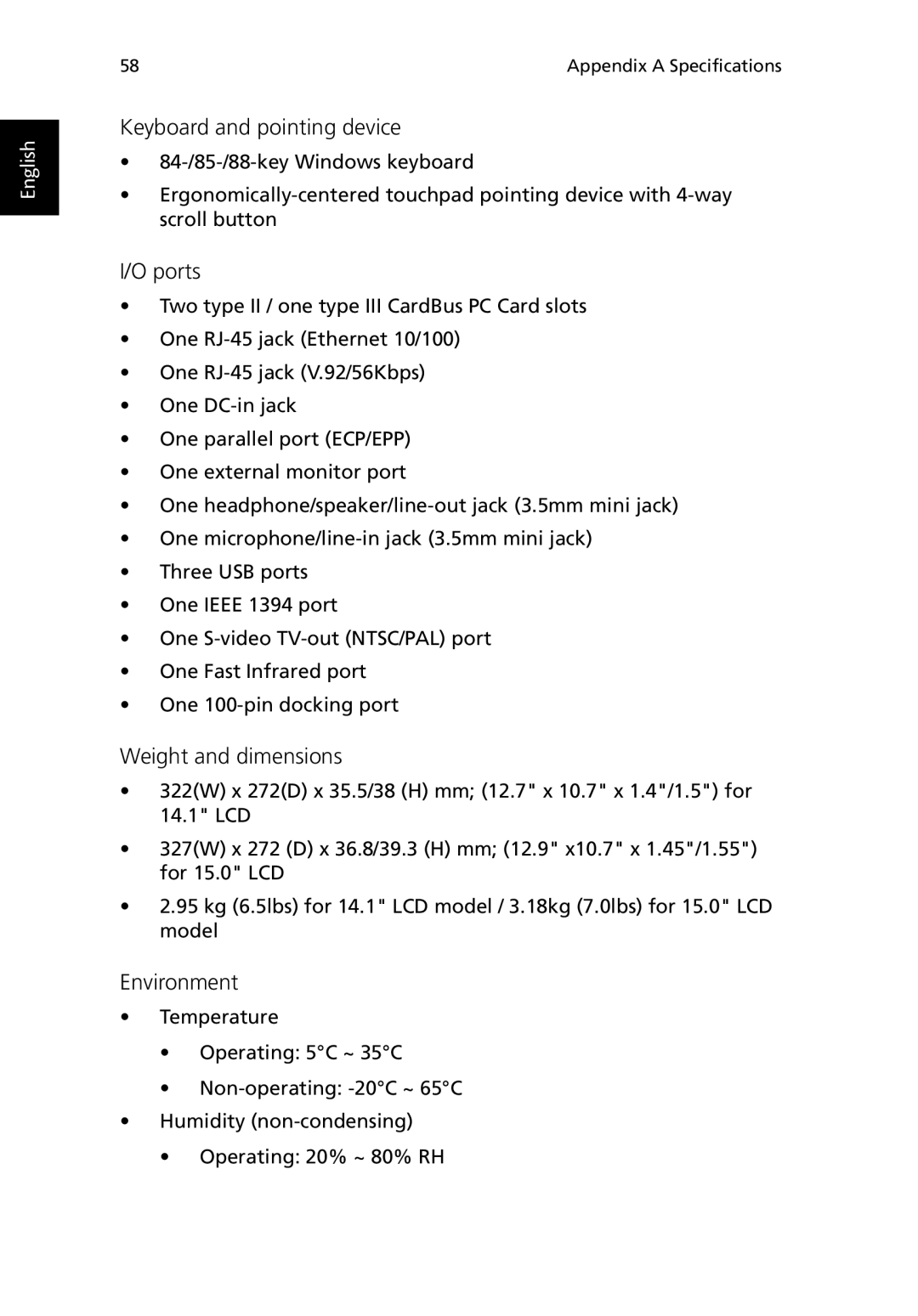 Acer TravelMate 530 manual Keyboard and pointing device, Ports, Weight and dimensions, Environment 