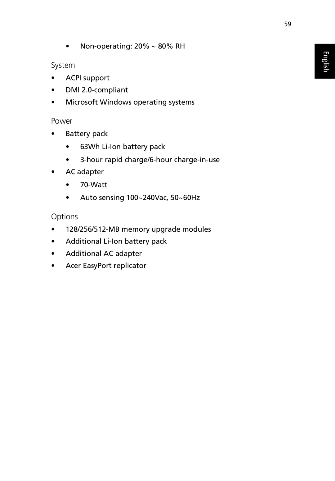 Acer TravelMate 530 manual System, Power, Options 