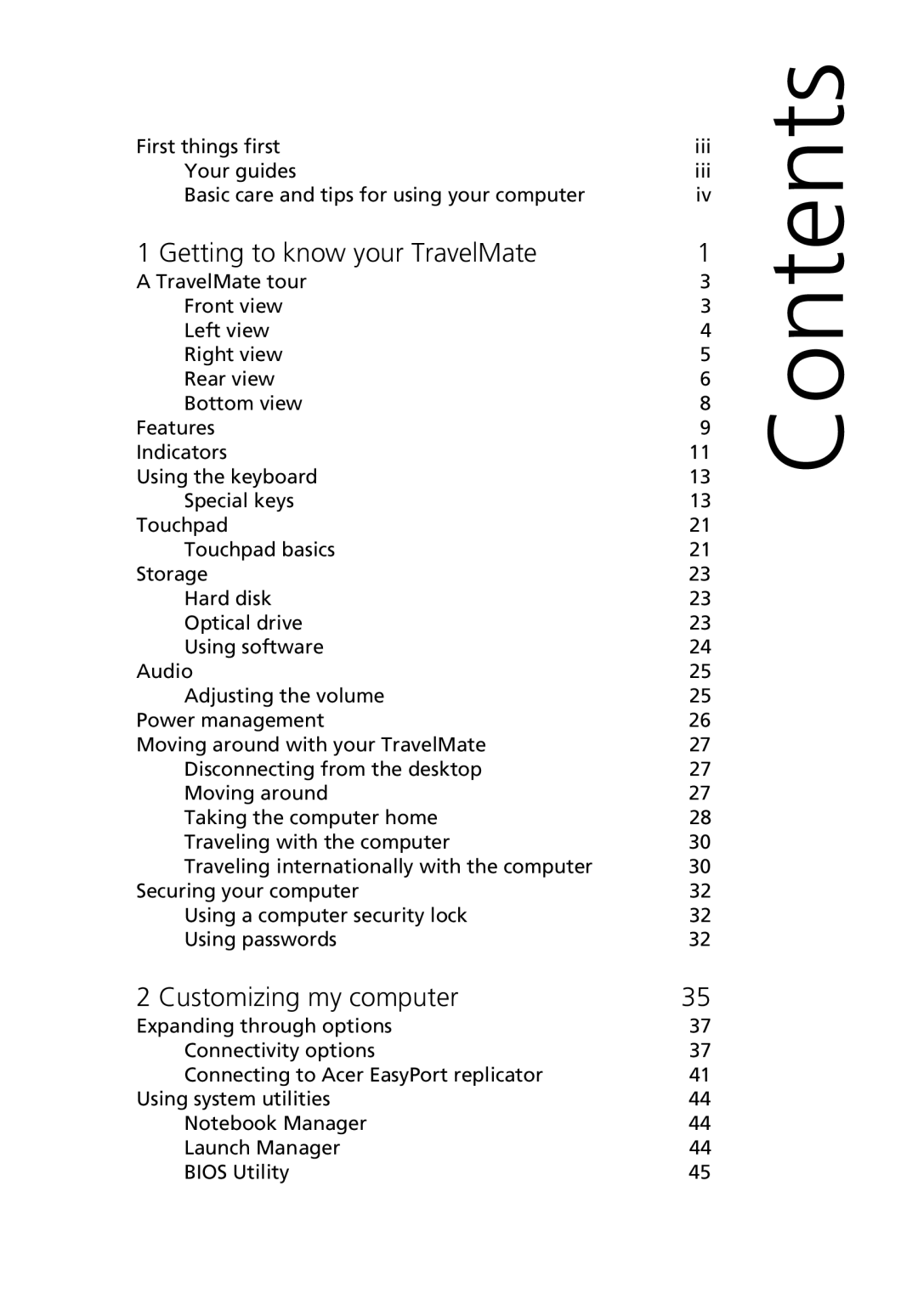 Acer TravelMate 530 manual Contents 