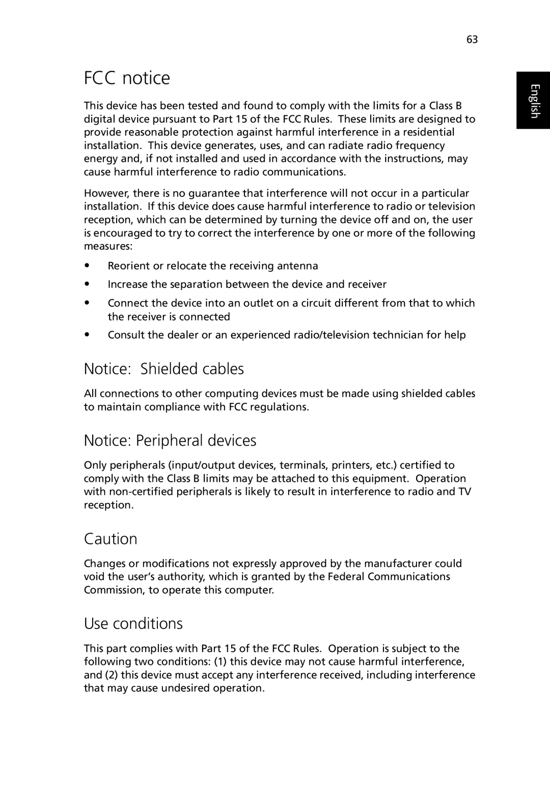 Acer TravelMate 530 manual FCC notice, Use conditions 