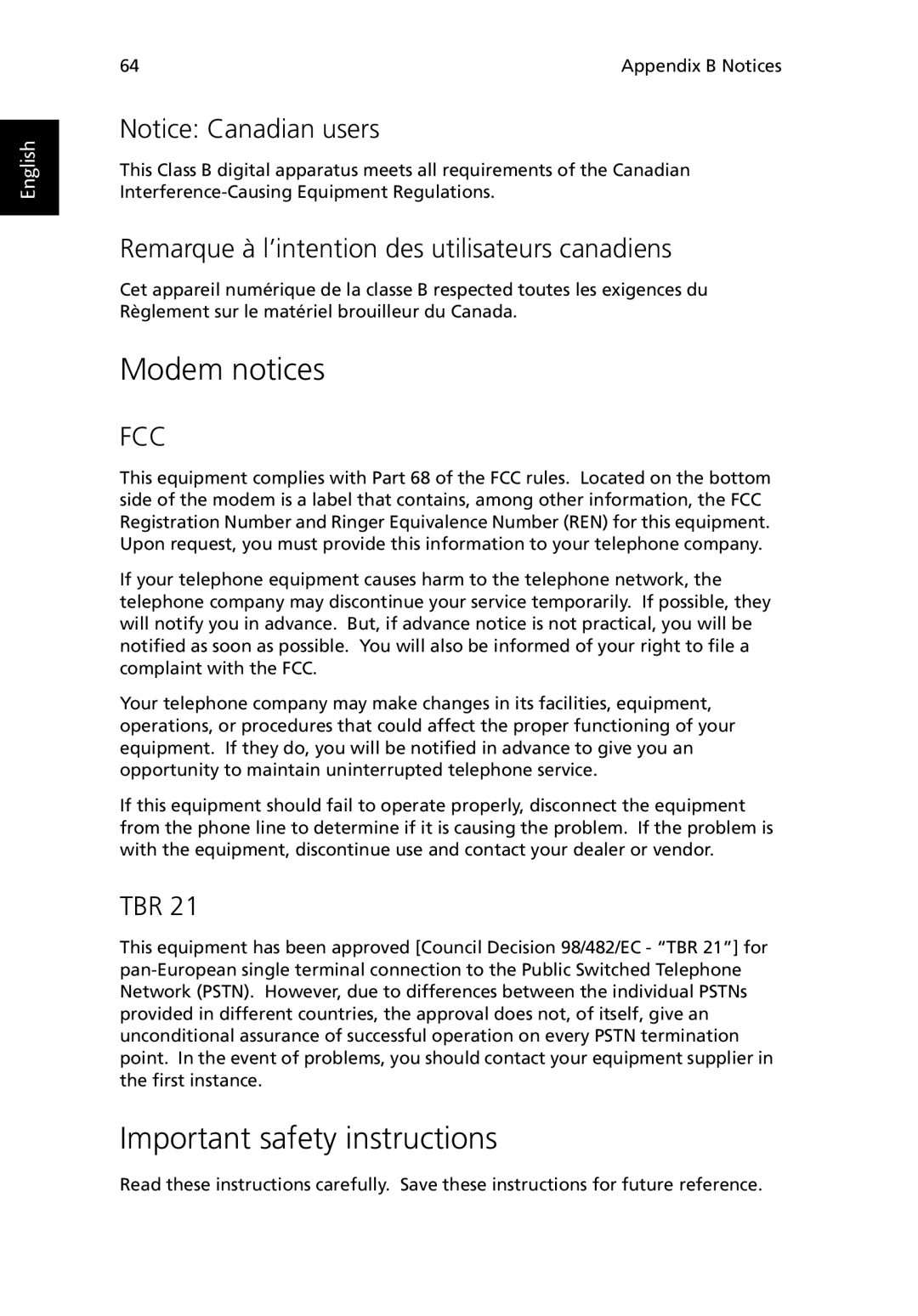 Acer TravelMate 530 Modem notices, Important safety instructions, Remarque à l’intention des utilisateurs canadiens, Tbr 