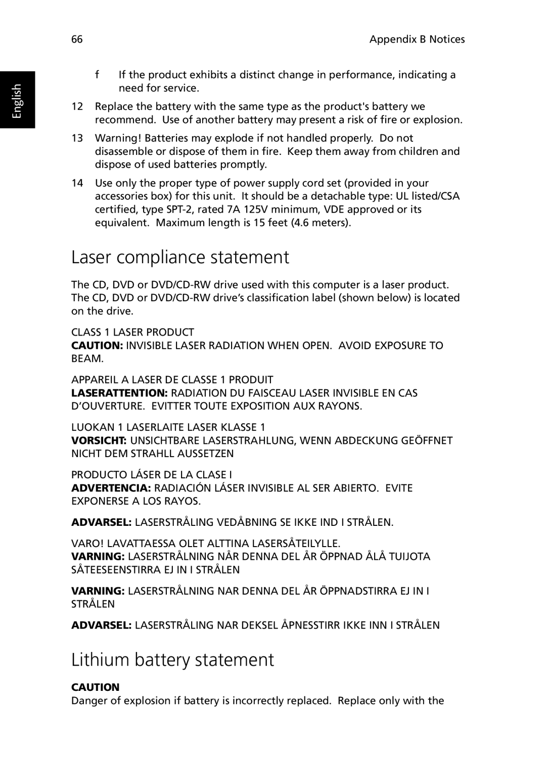 Acer TravelMate 530 manual Laser compliance statement, Lithium battery statement 