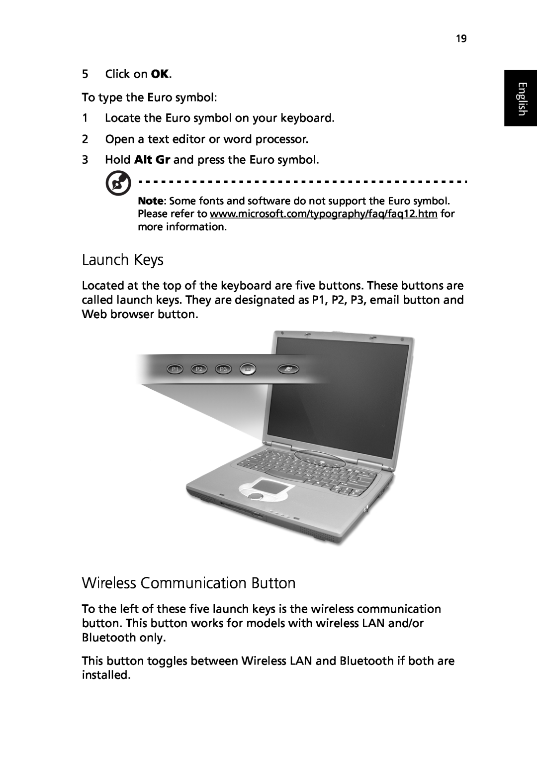 Acer TravelMate 530 manual Launch Keys, Wireless Communication Button, English 