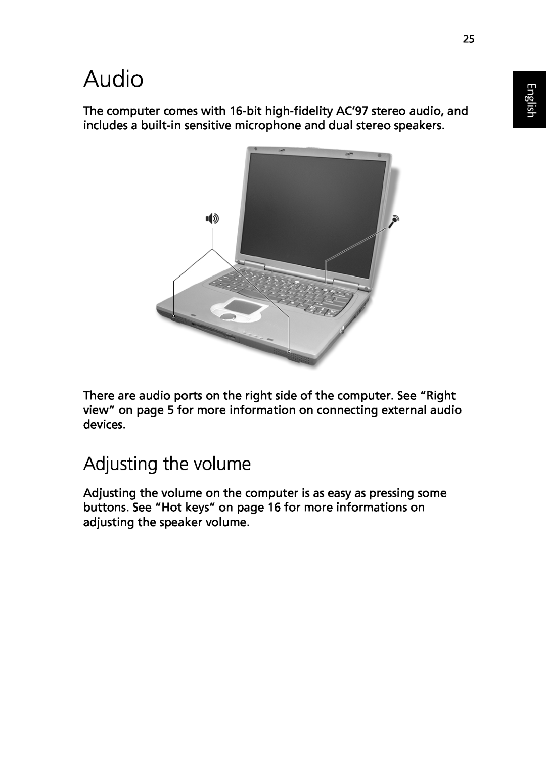 Acer TravelMate 530 manual Audio, Adjusting the volume, English 