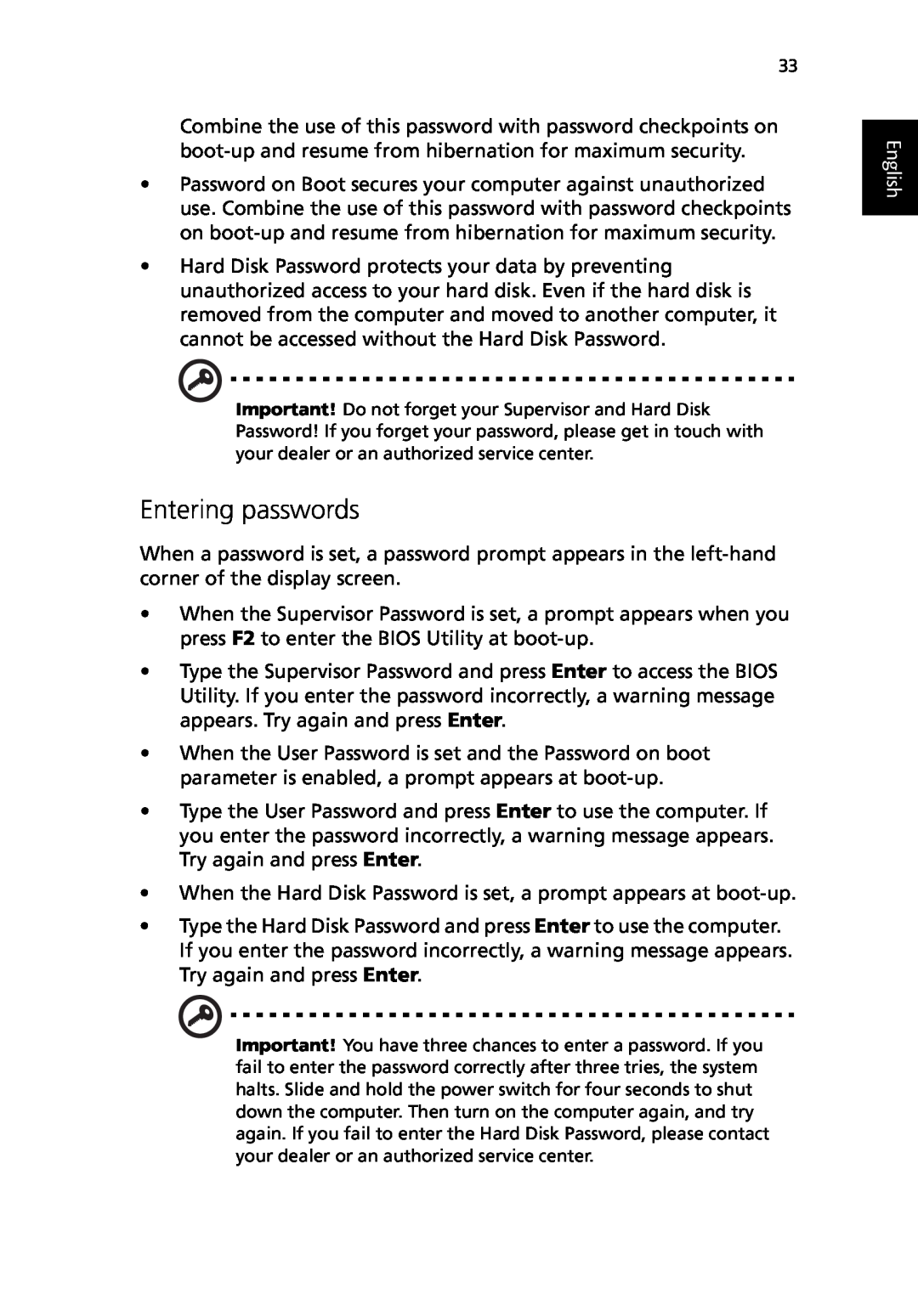 Acer TravelMate 530 manual Entering passwords, English 