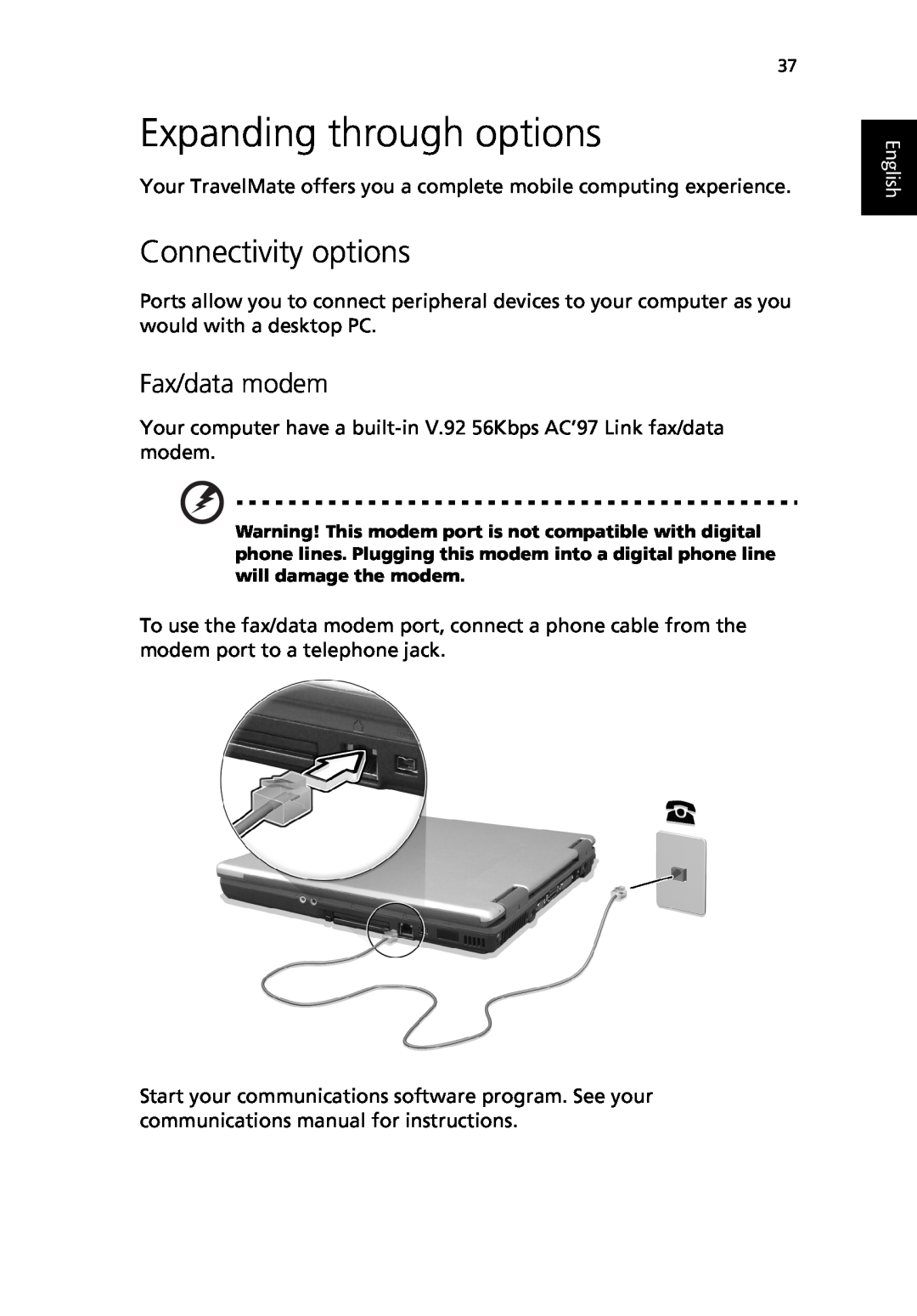 Acer TravelMate 530 manual Expanding through options, Connectivity options, Fax/data modem, English 