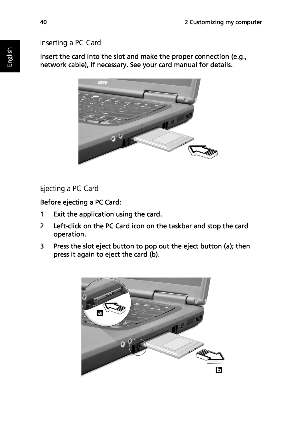 Acer TravelMate 530 manual Inserting a PC Card, Ejecting a PC Card, English 
