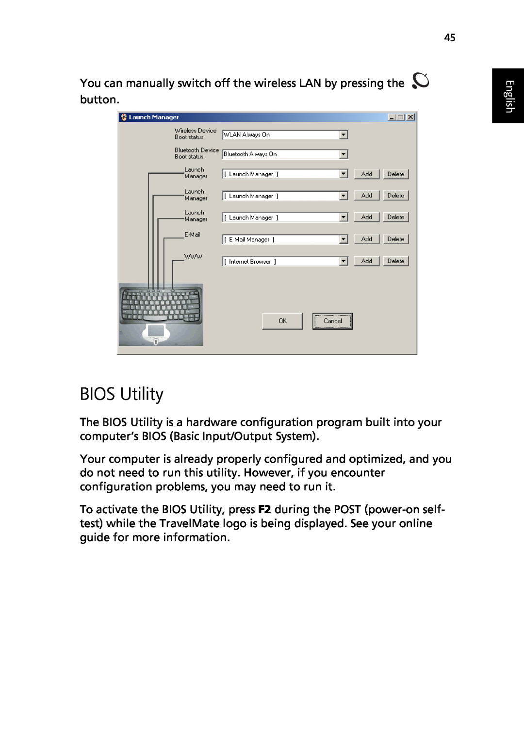 Acer TravelMate 530 manual BIOS Utility, English 