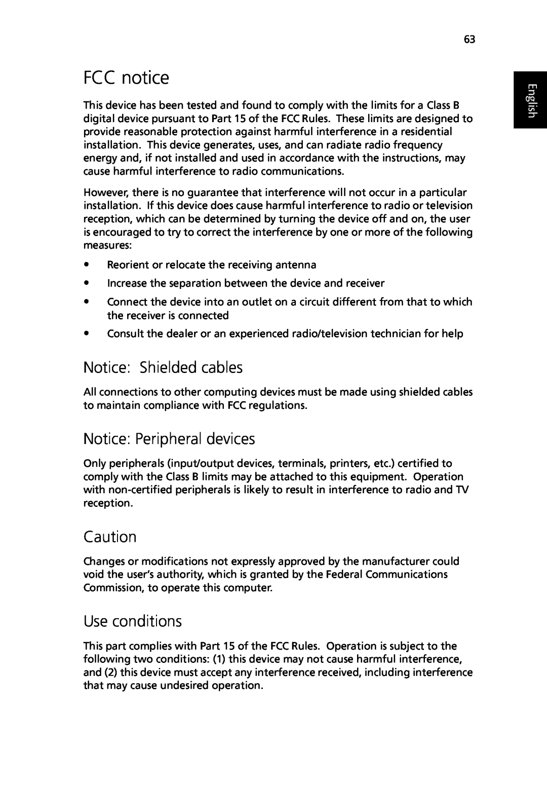 Acer TravelMate 530 manual FCC notice, Notice Shielded cables, Notice Peripheral devices, Use conditions, English 