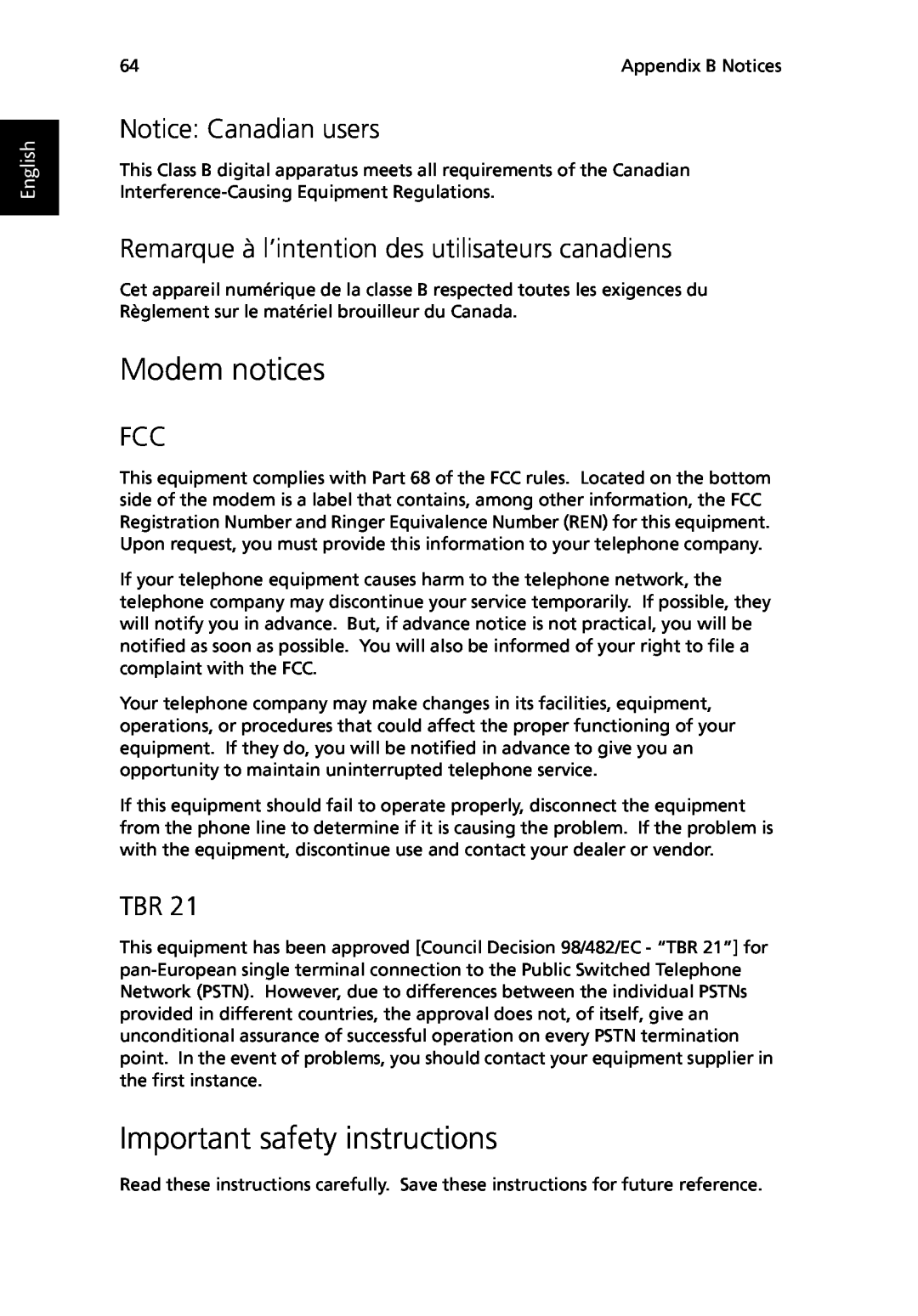 Acer TravelMate 530 manual Modem notices, Important safety instructions, Notice Canadian users, English 