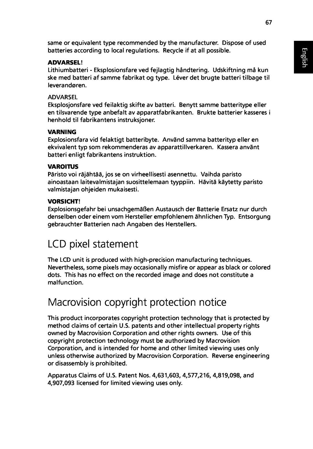 Acer TravelMate 530 LCD pixel statement, Macrovision copyright protection notice, English, Advarsel, Varning, Varoitus 