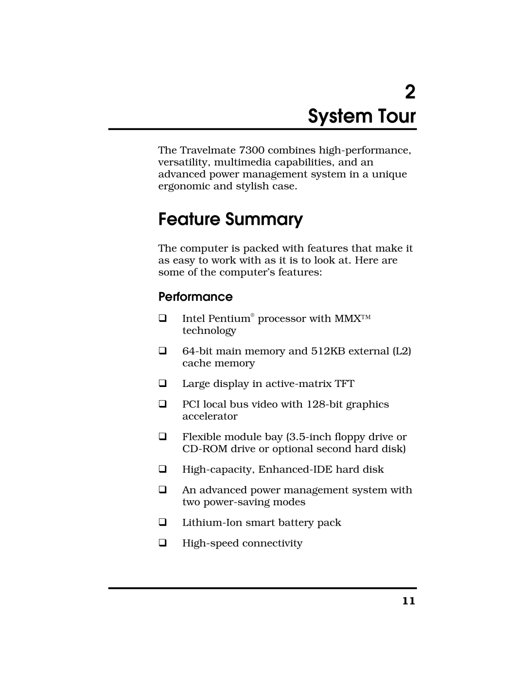 Acer TravelMate 7300 manual Feature Summary, Performance 