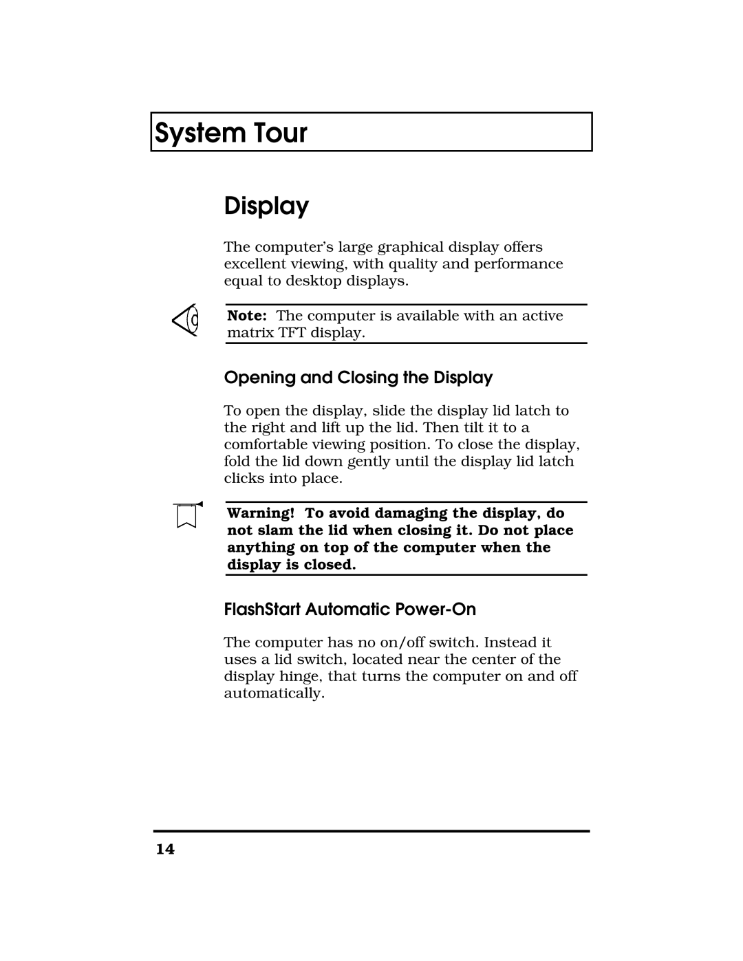 Acer TravelMate 7300 manual Opening and Closing the Display, FlashStart Automatic Power-On 