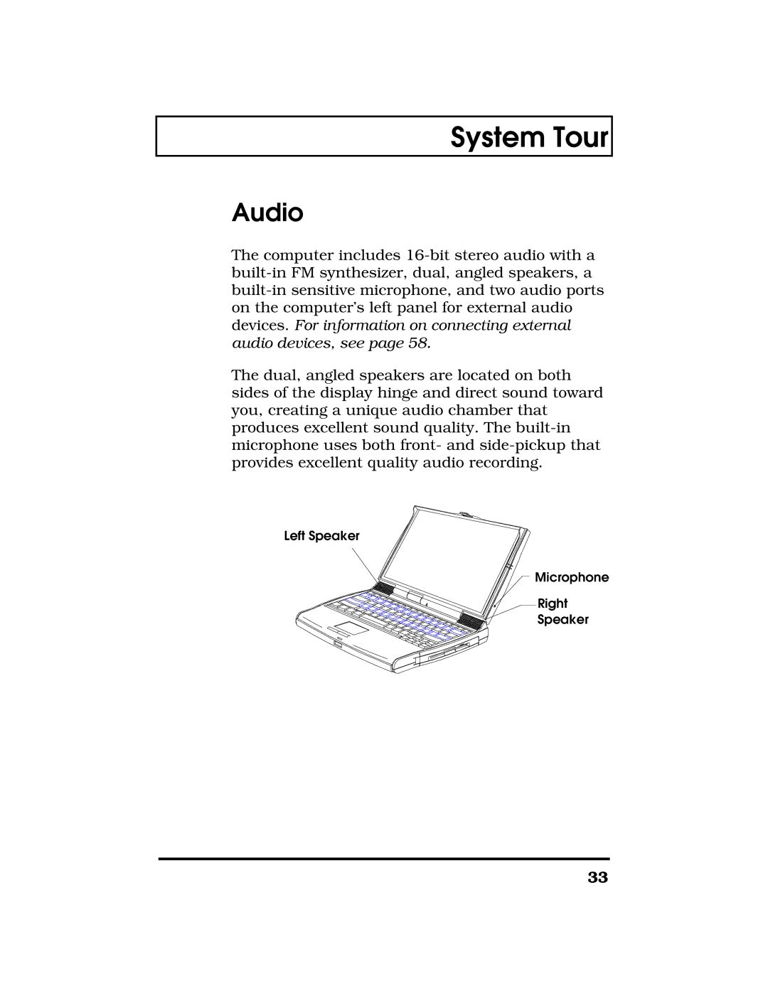 Acer TravelMate 7300 manual Audio, Left Speaker Microphone Right 