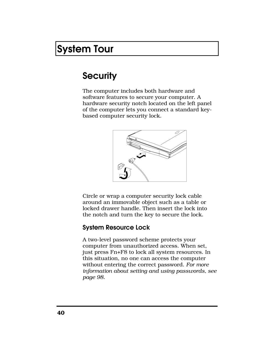 Acer TravelMate 7300 manual Security, System Resource Lock 