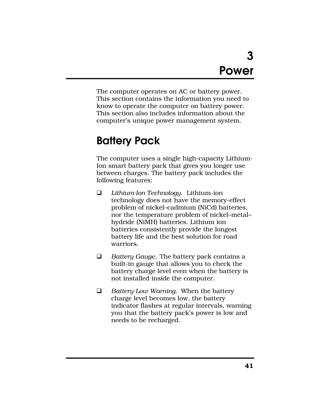 Acer TravelMate 7300 manual Power, Battery Pack 