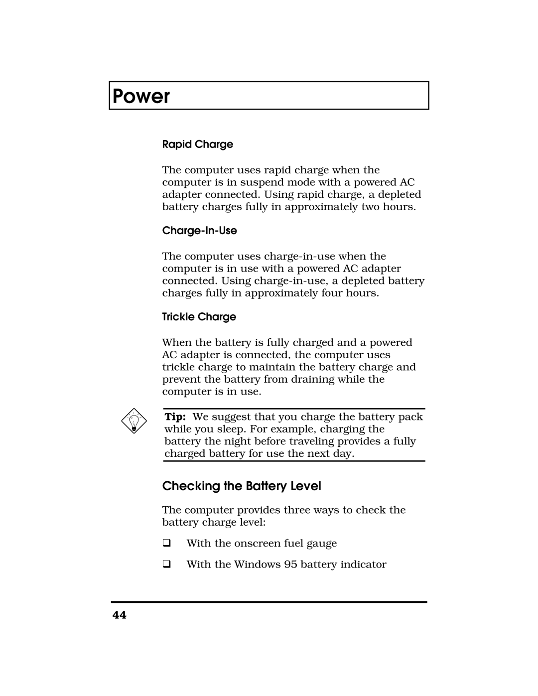 Acer TravelMate 7300 manual Checking the Battery Level, Rapid Charge, Charge-In-Use, Trickle Charge 