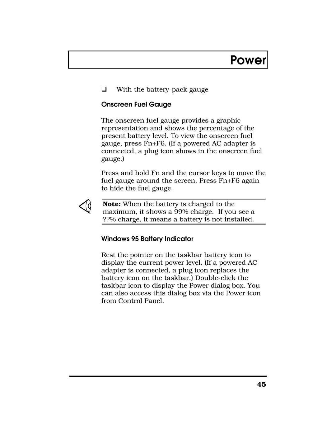 Acer TravelMate 7300 manual Onscreen Fuel Gauge, Windows 95 Battery Indicator 