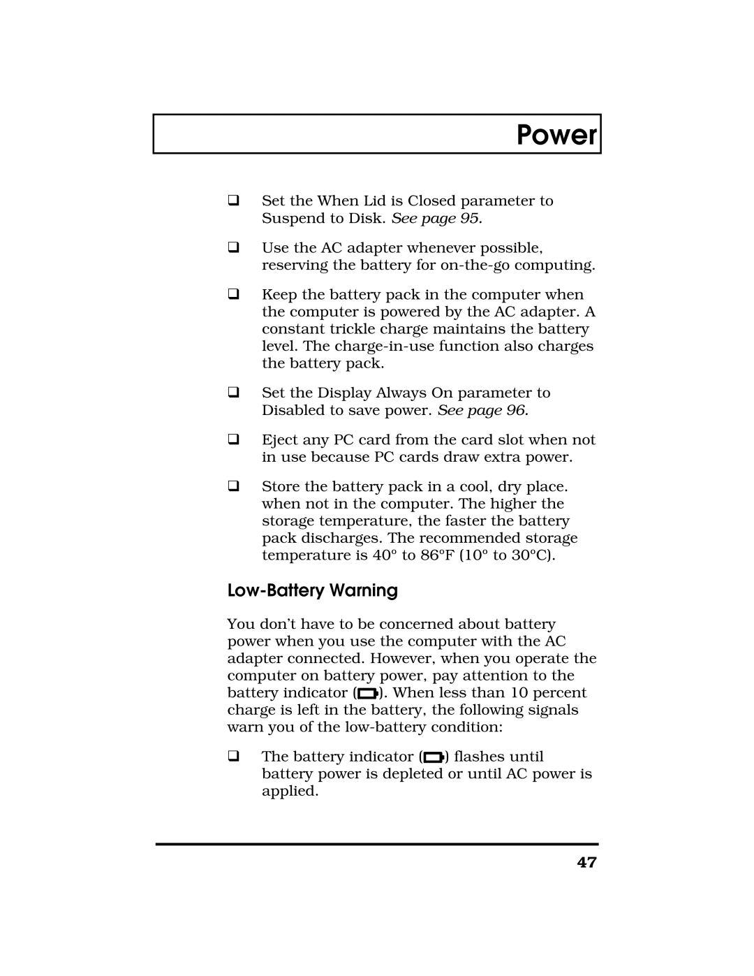 Acer TravelMate 7300 manual Low-Battery Warning 