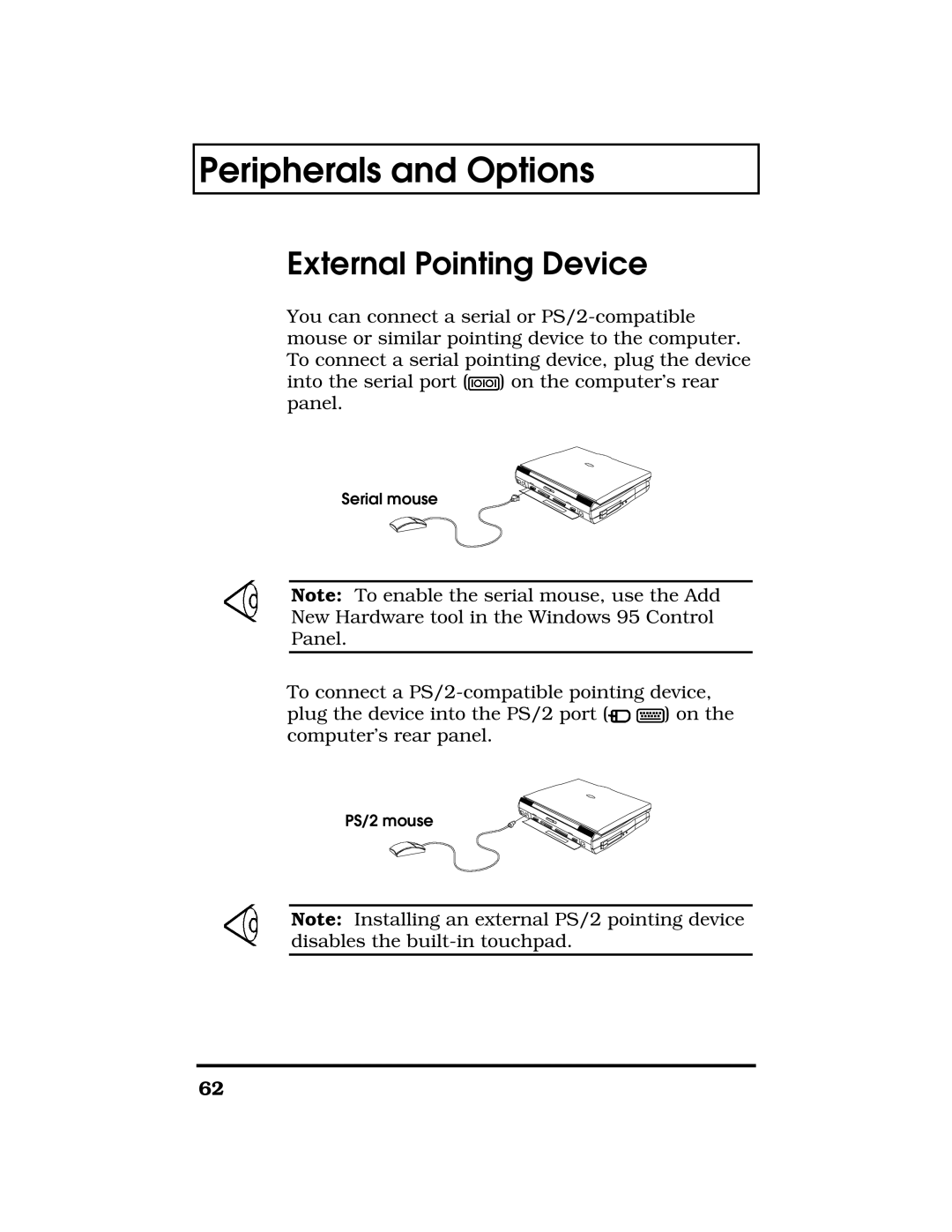 Acer TravelMate 7300 manual External Pointing Device, Serial mouse, PS/2 mouse 
