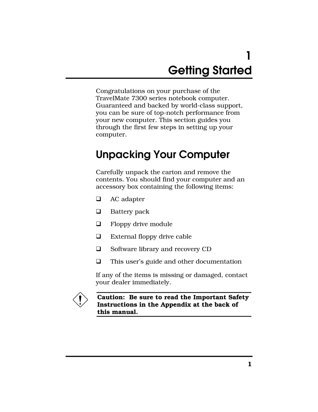 Acer TravelMate 7300 manual Getting Started, Unpacking Your Computer 