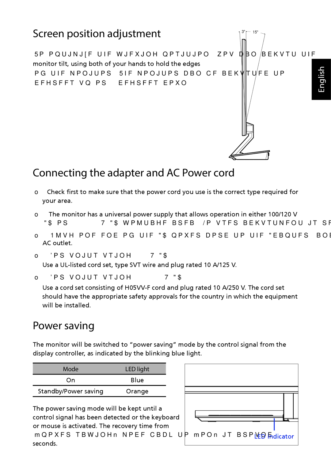 Acer UM.HS5AA.001 manual Screen position adjustment, Connecting the adapter and AC Power cord, Power saving 