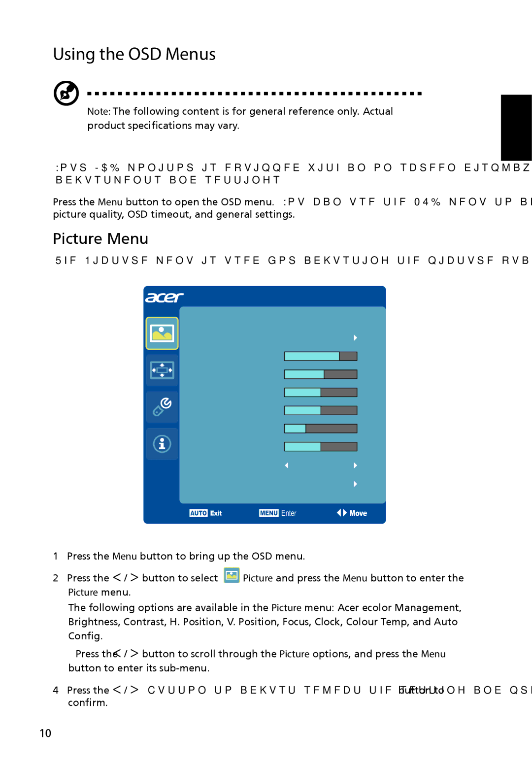 Acer UM.HS5AA.001 manual Using the OSD Menus, Picture Menu 