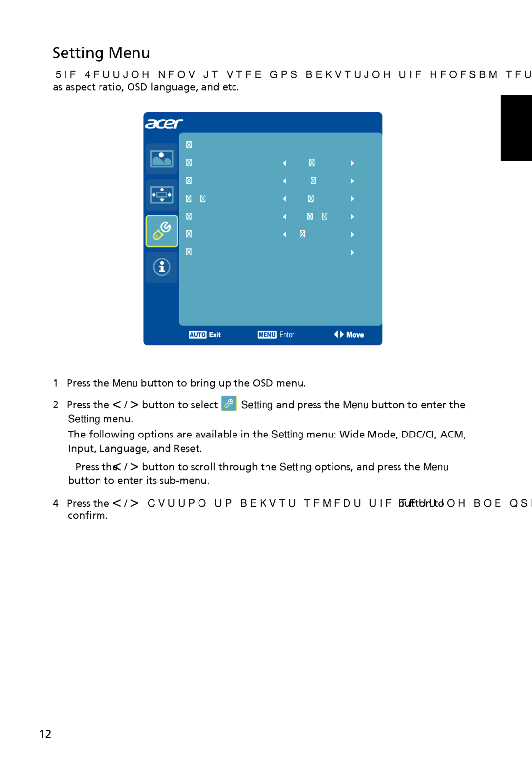 Acer UM.HS5AA.001 manual Setting Menu 