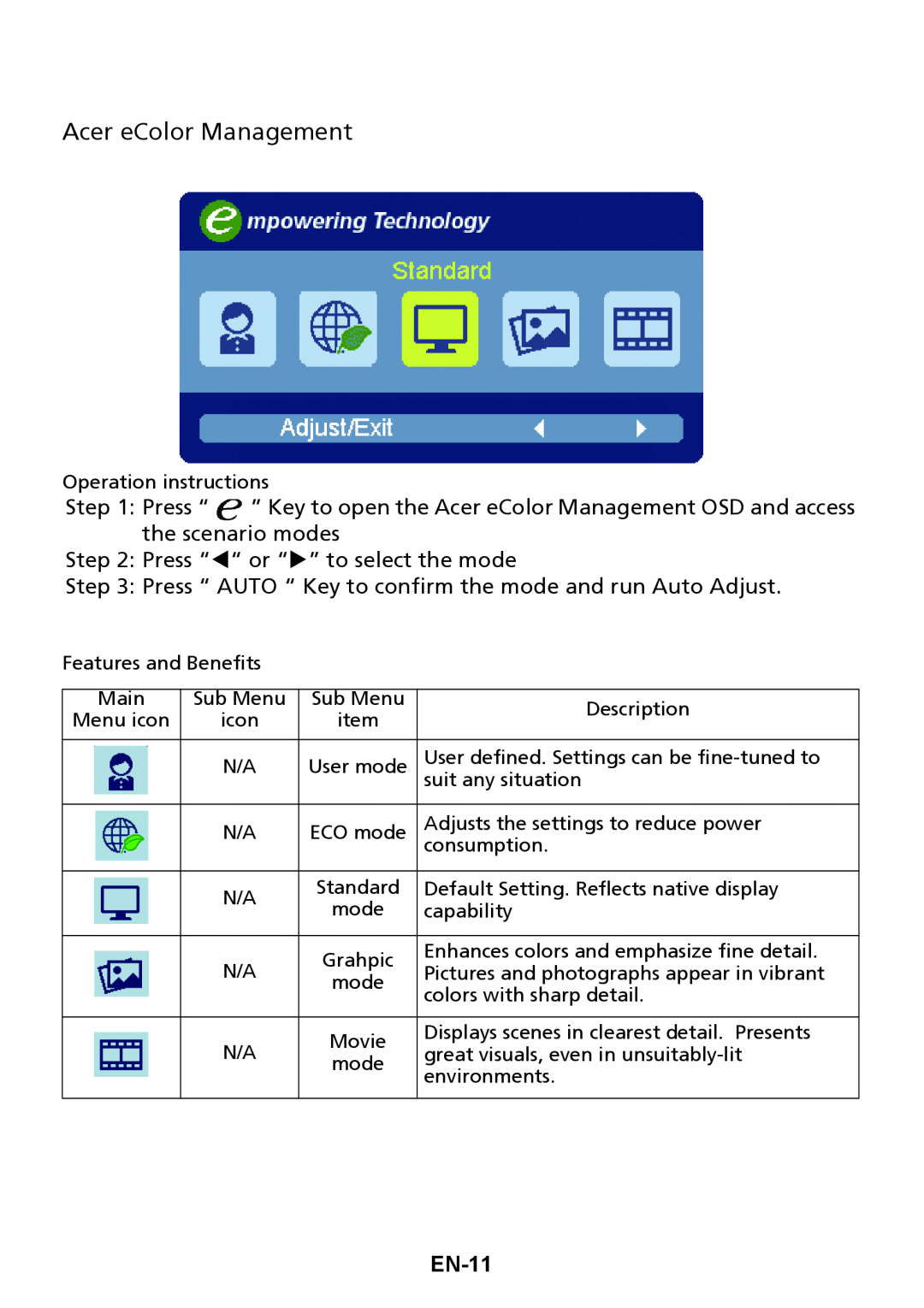 Acer UM.VH6AA.003, UM.WH6AA.002 manual Acer eColor Management, EN-11 