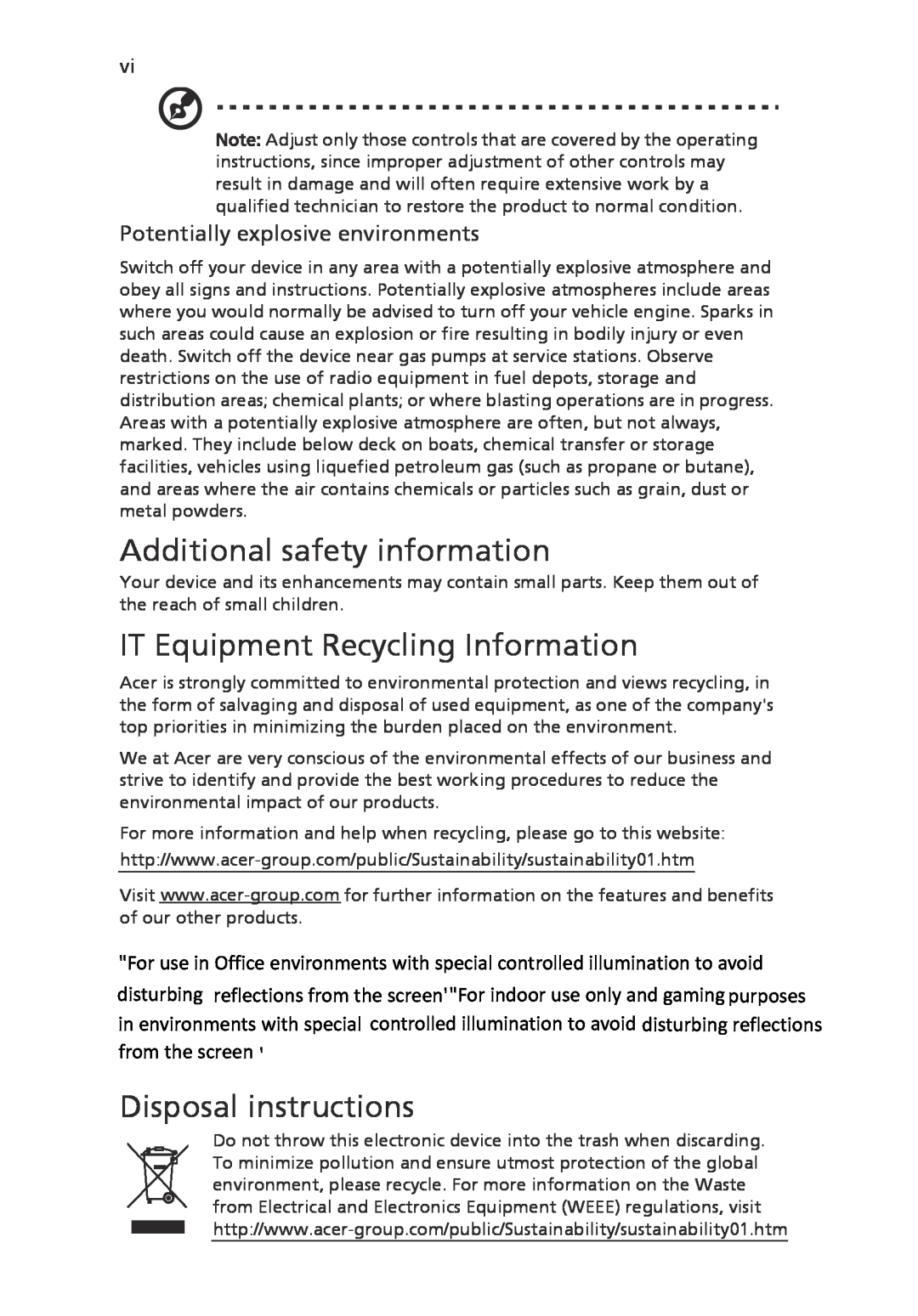 Acer UM.VH6AA.003, UM.WH6AA.002 Additional safety information, IT Equipment Recycling Information, Disposal instructions 