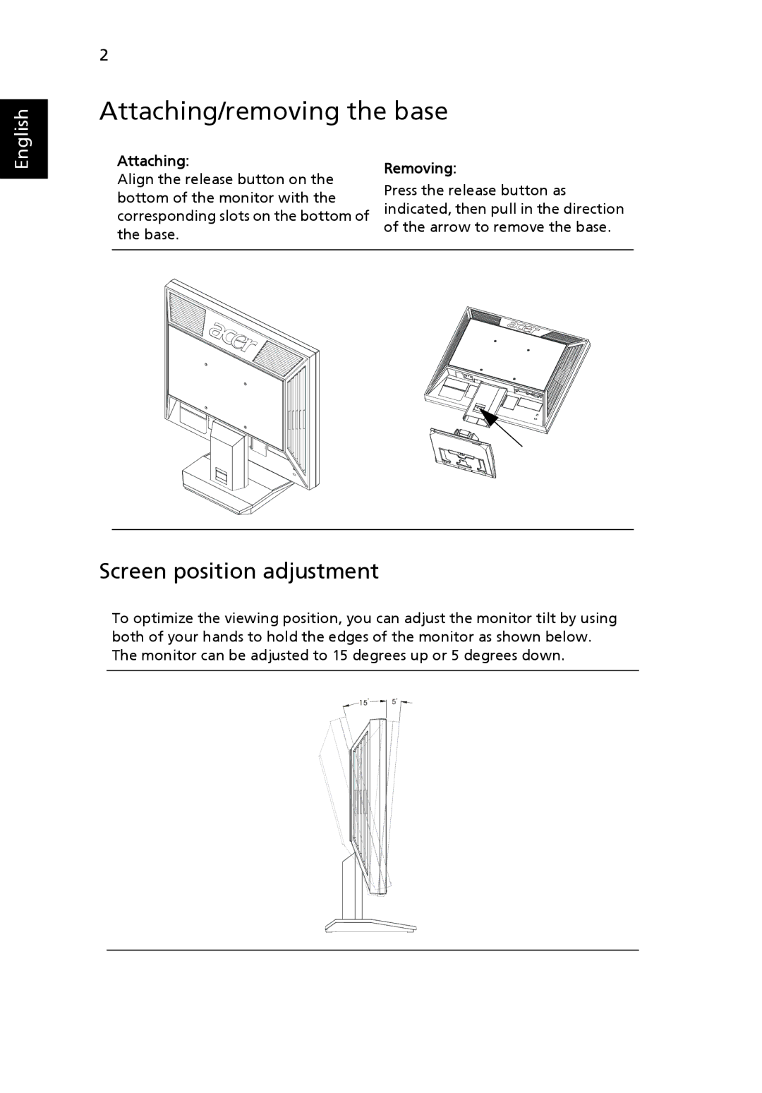 Acer V173 manual Attaching/removing the base, Screen position adjustment, Removing 