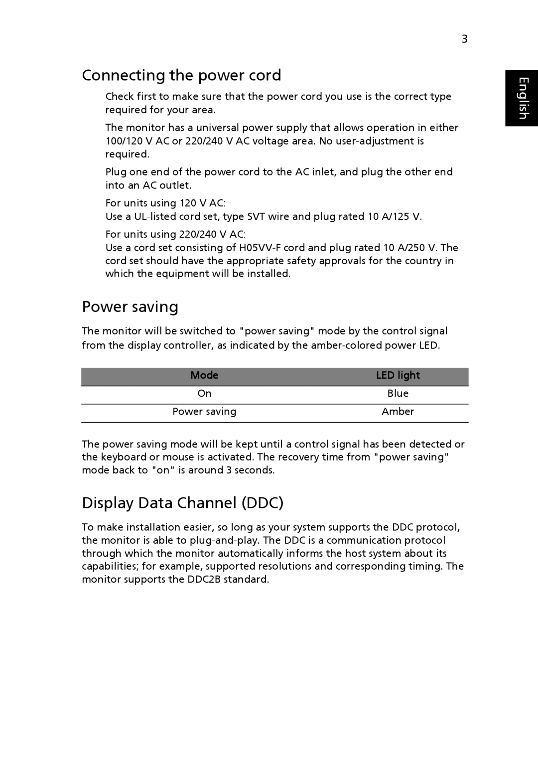 Acer V173 manual Connecting the power cord, Power saving, Display Data Channel DDC, Mode LED light 