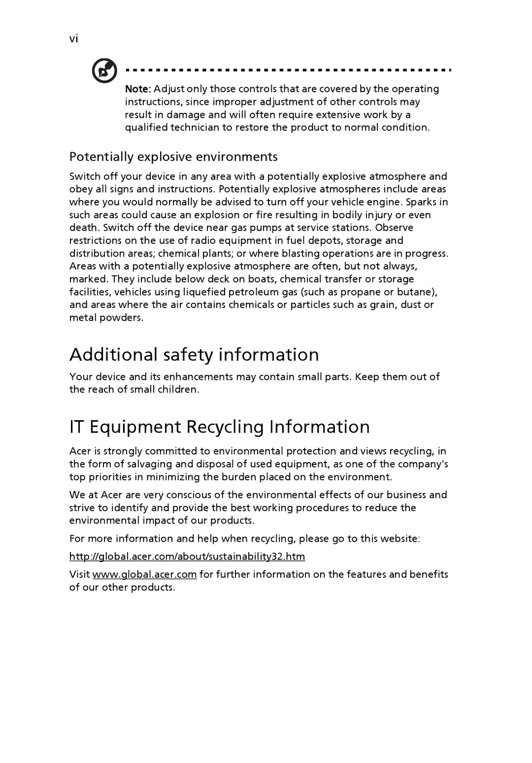 Acer V173 manual Additional safety information, IT Equipment Recycling Information, Potentially explosive environments 