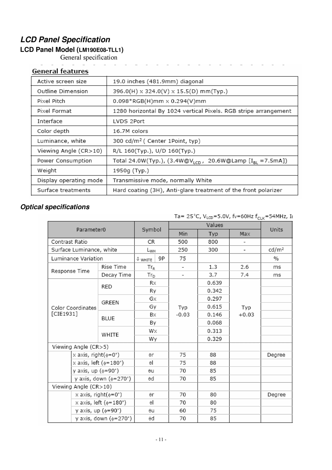 Acer V193 manual LCD Panel Specification, LCD Panel Model LM190E08-TLL1 