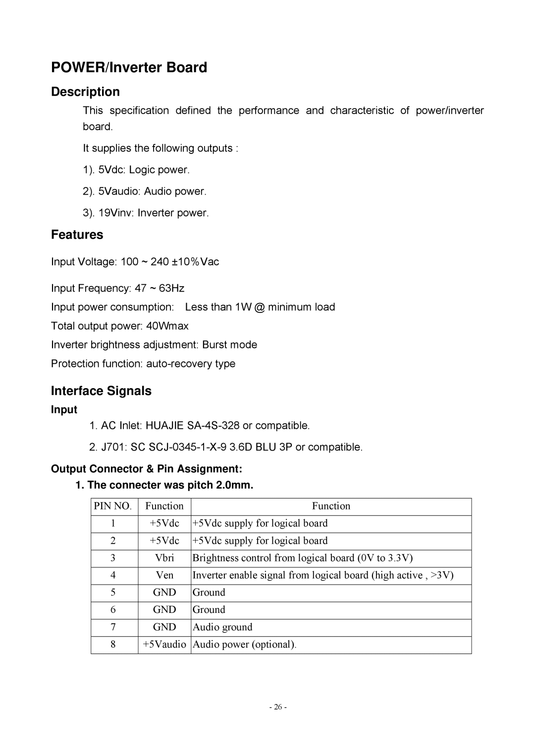 Acer V193 manual POWER/Inverter Board, Input 