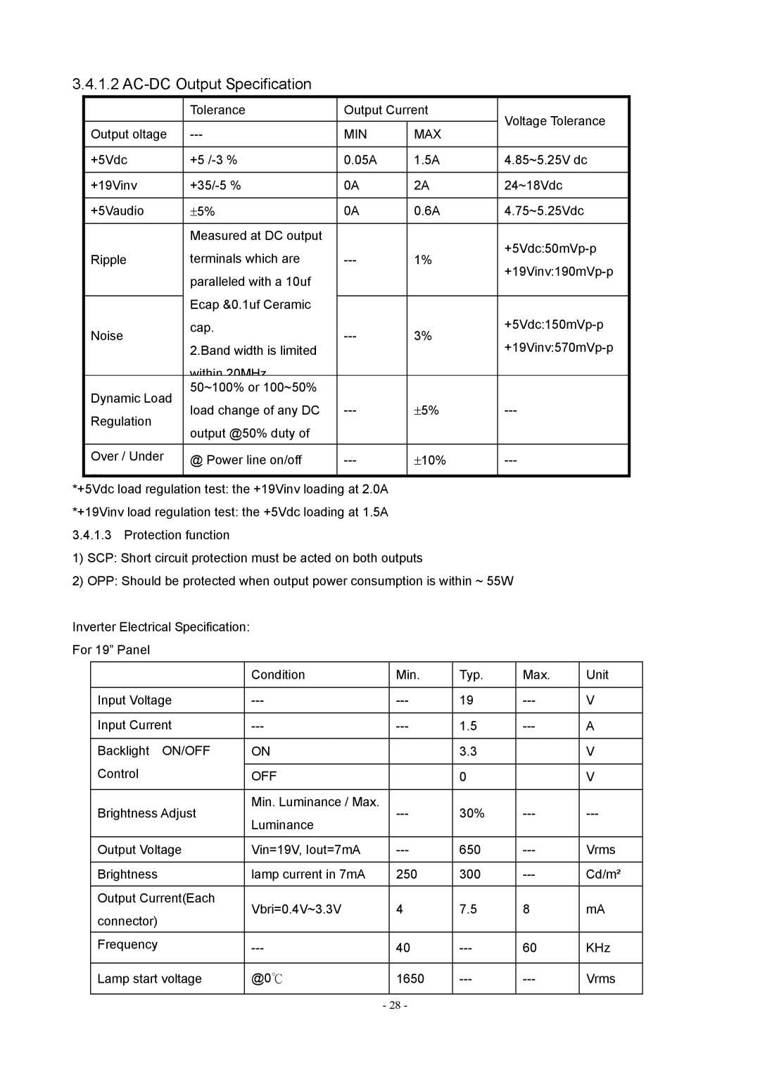 Acer V193 manual AC-DC Output Specification 