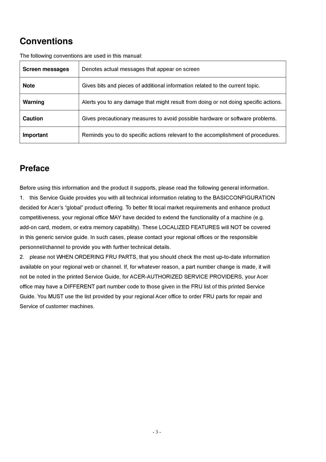 Acer V193 manual Conventions, Preface 