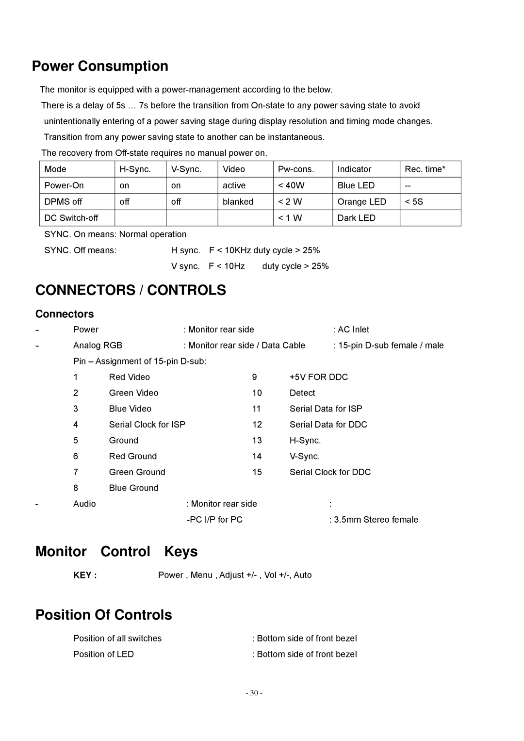 Acer V193 manual Power Consumption, Connectors / Controls, Monitor Control Keys, Position Of Controls 