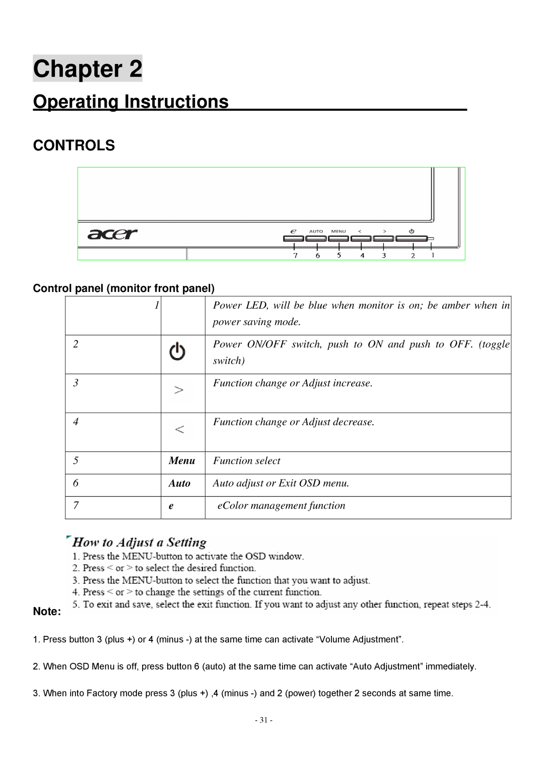 Acer V193 manual Controls, Control panel monitor front panel 