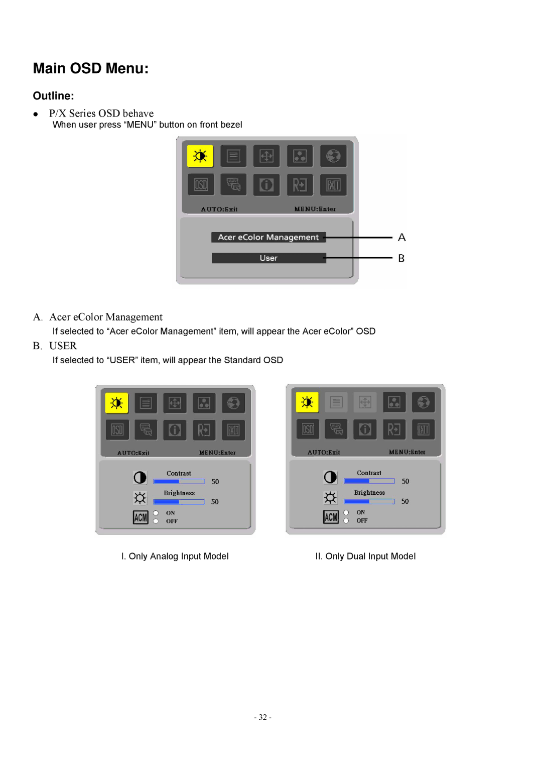 Acer V193 manual Main OSD Menu, Outline 