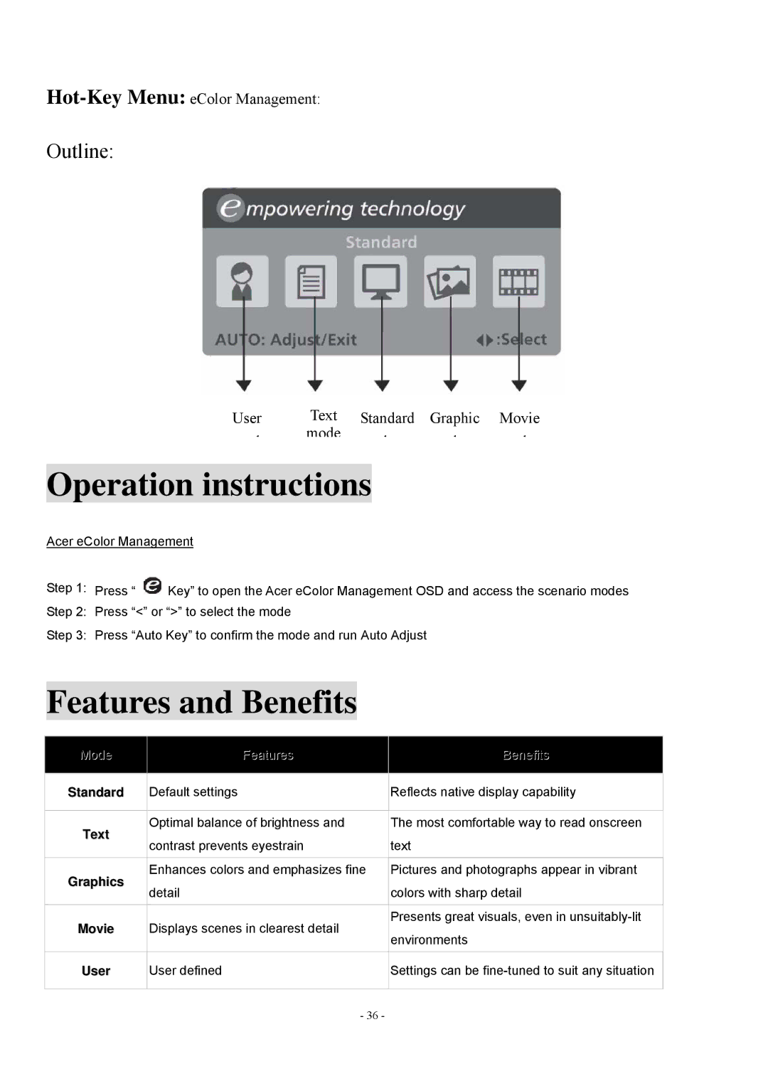 Acer V193 manual Standard, Text, Graphics, Movie, User 