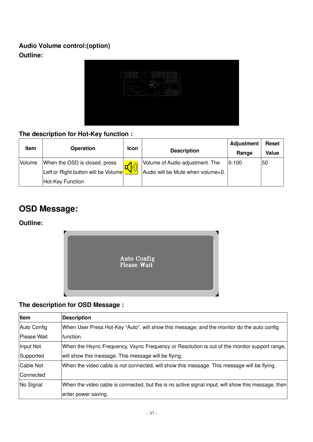 Acer V193 manual Outline Description for OSD Message, Operation Icon Description Adjustment Reset Range Value 