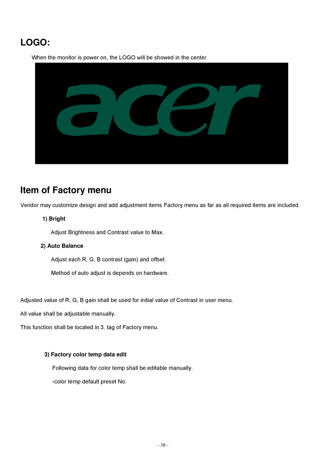 Acer V193 manual Logo, Item of Factory menu, Bright, Auto Balance, Factory color temp data edit 